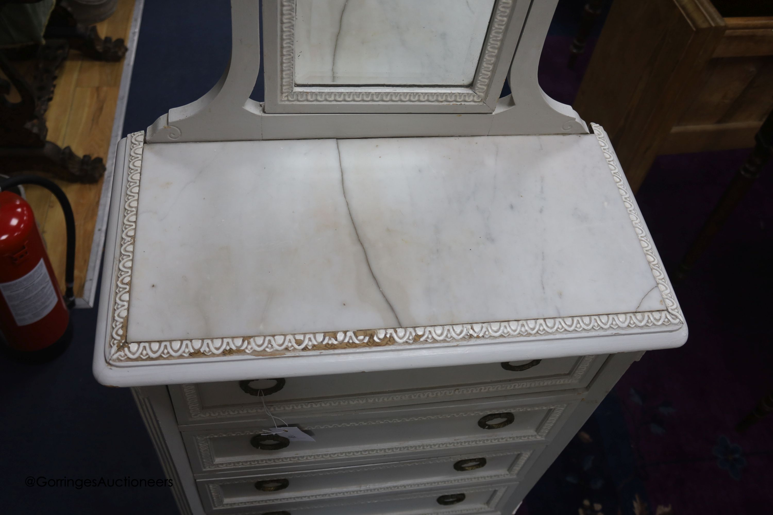 An early 20th century painted pine narrow marble topped dressing chest, width 60cm, depth 30cm, height 150cm